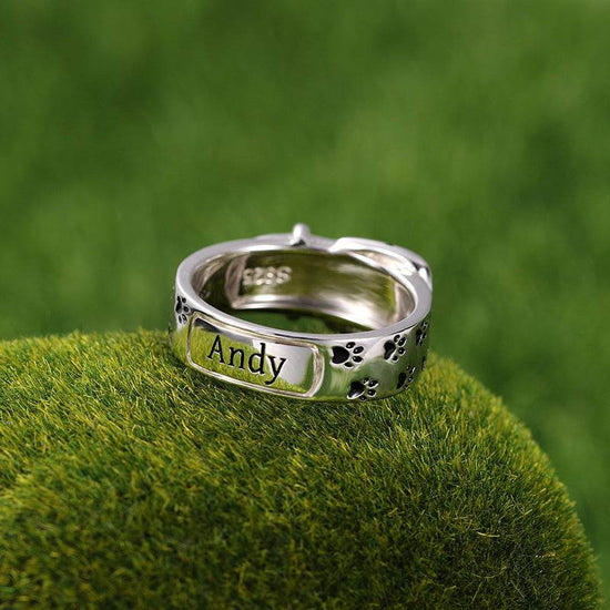 Personalized Pet Memorial Ring - Sterling Silver Collar Band with Paw Print Engraving - The Max & Rex Collection