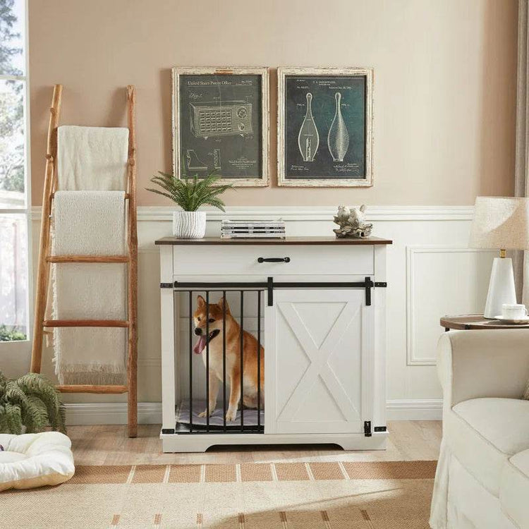 Large Dog Crate Furniture with Barn Door and 1 Drawer - The Max & Rex Collection