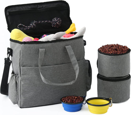 Dog Travel Bag Airline Approved Travel Set for Dogs of Stores All Your Dog Accessories - Includes Travel Bag, 2X Food Storage Containers and 2X Collapsible Dog Bowls (Grey) - The Max & Rex Collection