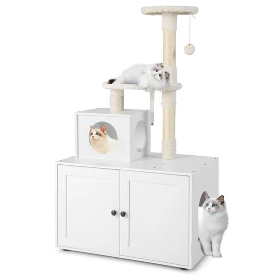 White cat tree with a cabinet and two cats on a white background
