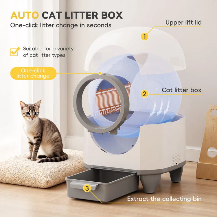 Self Cleaning Litter Box, 90 L Automatic Cat Litter Box for Multiple Cats with Safety Protection/App Control/Mat/1 Roll Garbage Bags