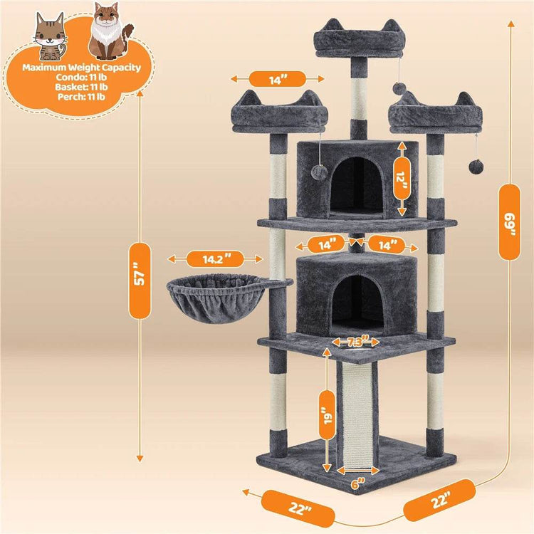Renwick 69in Large Cat Tree Tower with Condos & Scratching Board - Dark Gray - The Max & Rex Collection