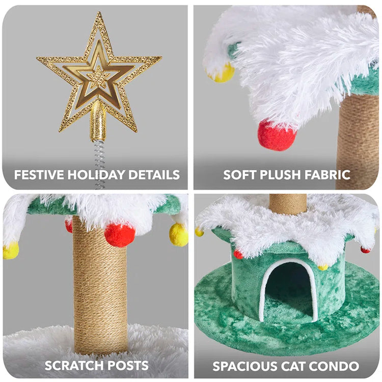 66" H 3 Tier Noble Fir Cat Christmas Tree with Removable Skirt & Scratching Post