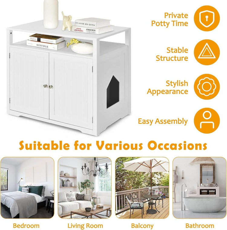 White cabinet with features listed and examples of its use in different rooms.