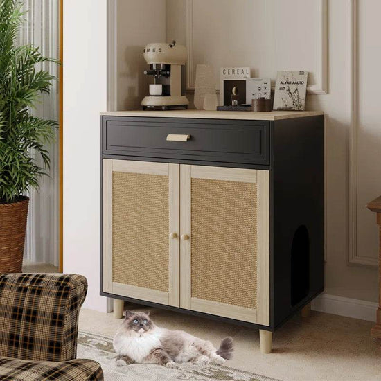 Cat Litter Box Enclosure Wood Cat Crate Furniture with Scratching Pad Doors - The Max & Rex Collection