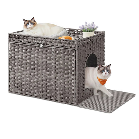 Boho Handwoven Rattan Hidden Litter Box Furniture, with Extra Litter Mat and Removable Washable Tray