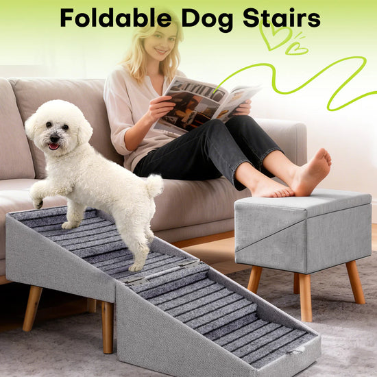 Ziluce 17" Dog Ramp Ottoman – Foldable Pet Ramp & Storage Ottoman | Linen Beige