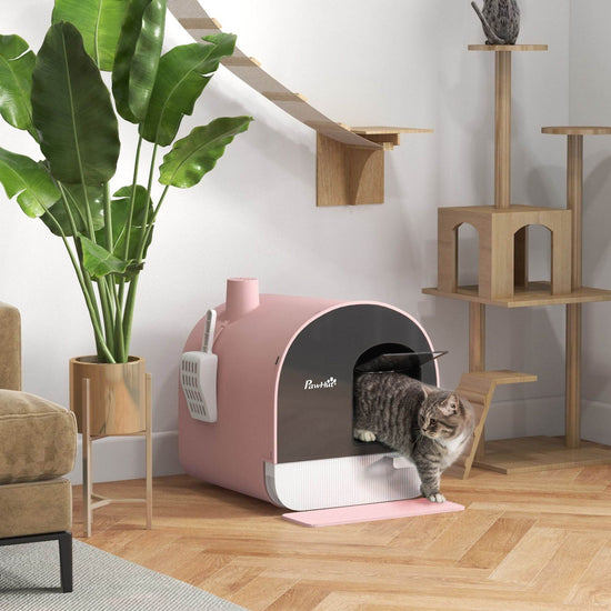 Pink Covered Cat Litter Box with Odor Filter - Complete Privacy Kit with Tray, Scoop & Mat | Compact Hooded Litter House - The Max & Rex Collection