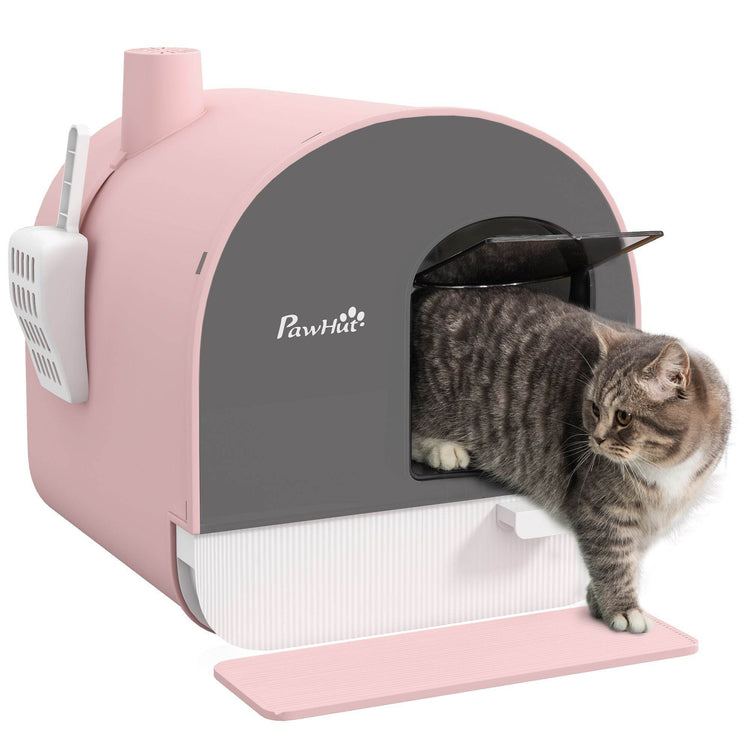 Pink Covered Cat Litter Box with Odor Filter - Complete Privacy Kit with Tray, Scoop & Mat | Compact Hooded Litter House - The Max & Rex Collection