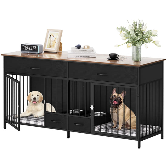 Double Dog Crate Furniture TV Stand with Storage & Feeder | Large Dog Kennel for 2 Dogs