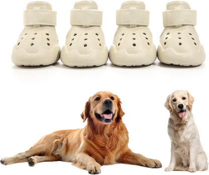 Dog Shoes, Dog Sandals for Hot Pavement, Non-Slip Waterproof Dog Booties for Winter Snowy Day and Summer, Adjustable Straps Easy-Clean Beach Outdoor Pet Boots Rugged Sole-4Pcs Beige
