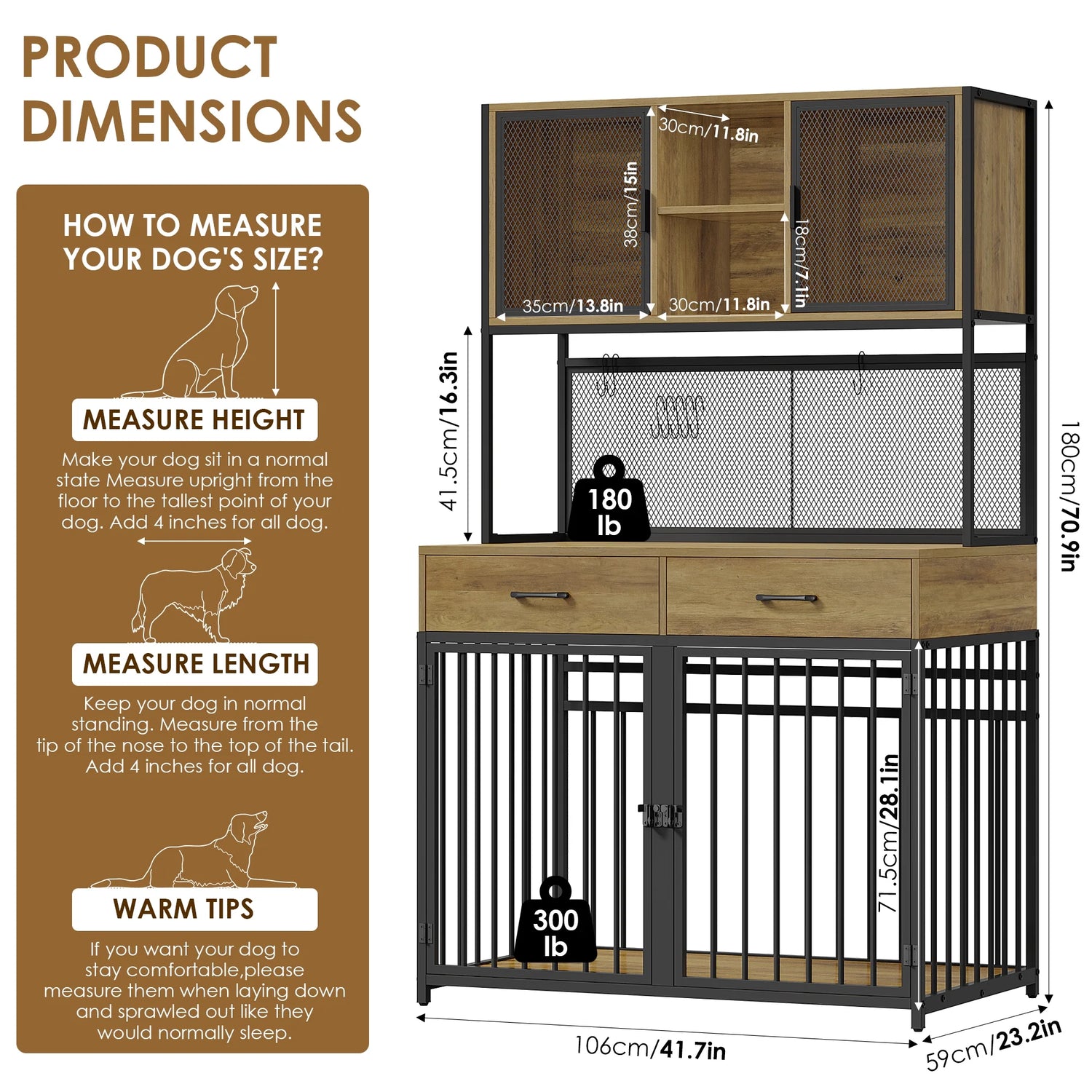 71" Tall Dog Crates Furniture, Indoor Dogs Kennel Furniture with Hutch, 42"W Dog Cage Furniture for Large/Medium Dogs, Decorative Sturdy Pet House, Rustic Brown