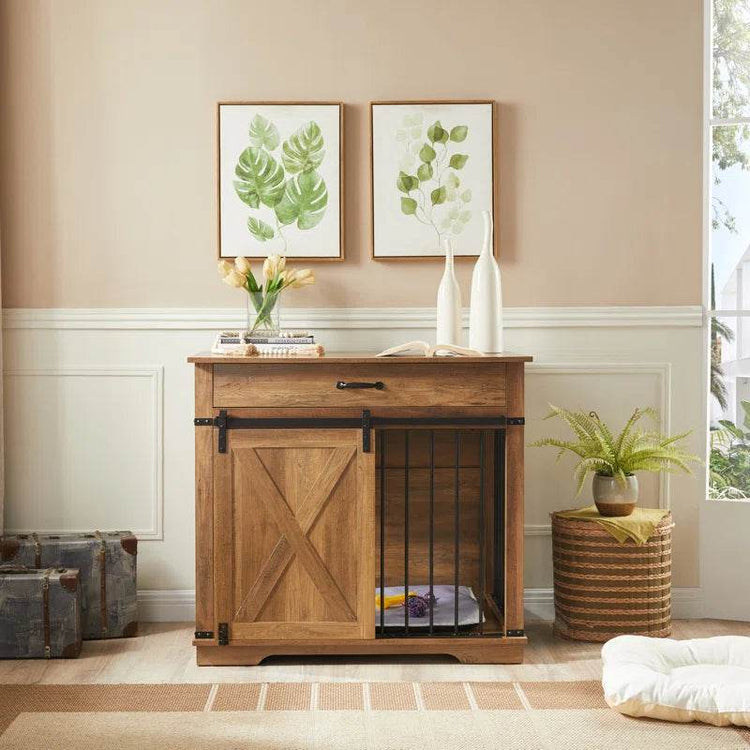 Large Dog Crate Furniture with Barn Door and 1 Drawer - The Max & Rex Collection