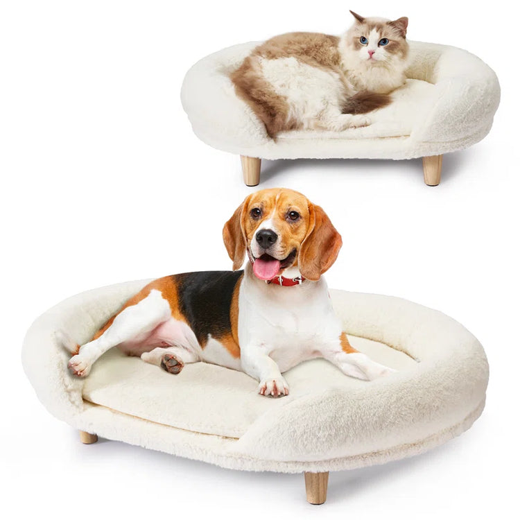 2-Piece Set Pet Beds for Medium Dogs and Cats, Thick Foam Pet Sofa with Removable Cover and Solid Wood Legs