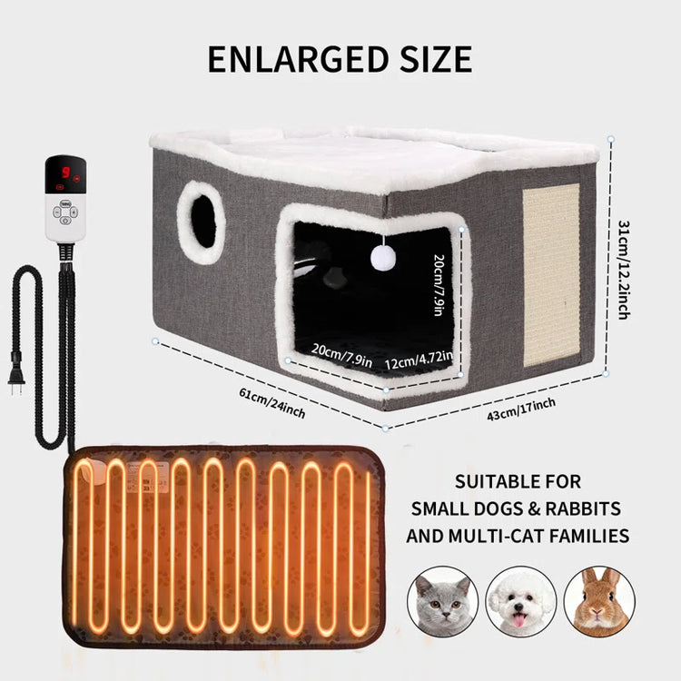 Heated Cat House, Adjustable Temperature Cat Heating Bed with Cozy Cave & Scratching Board, Foldable Cat Hideaway with Removeable Heating Pad