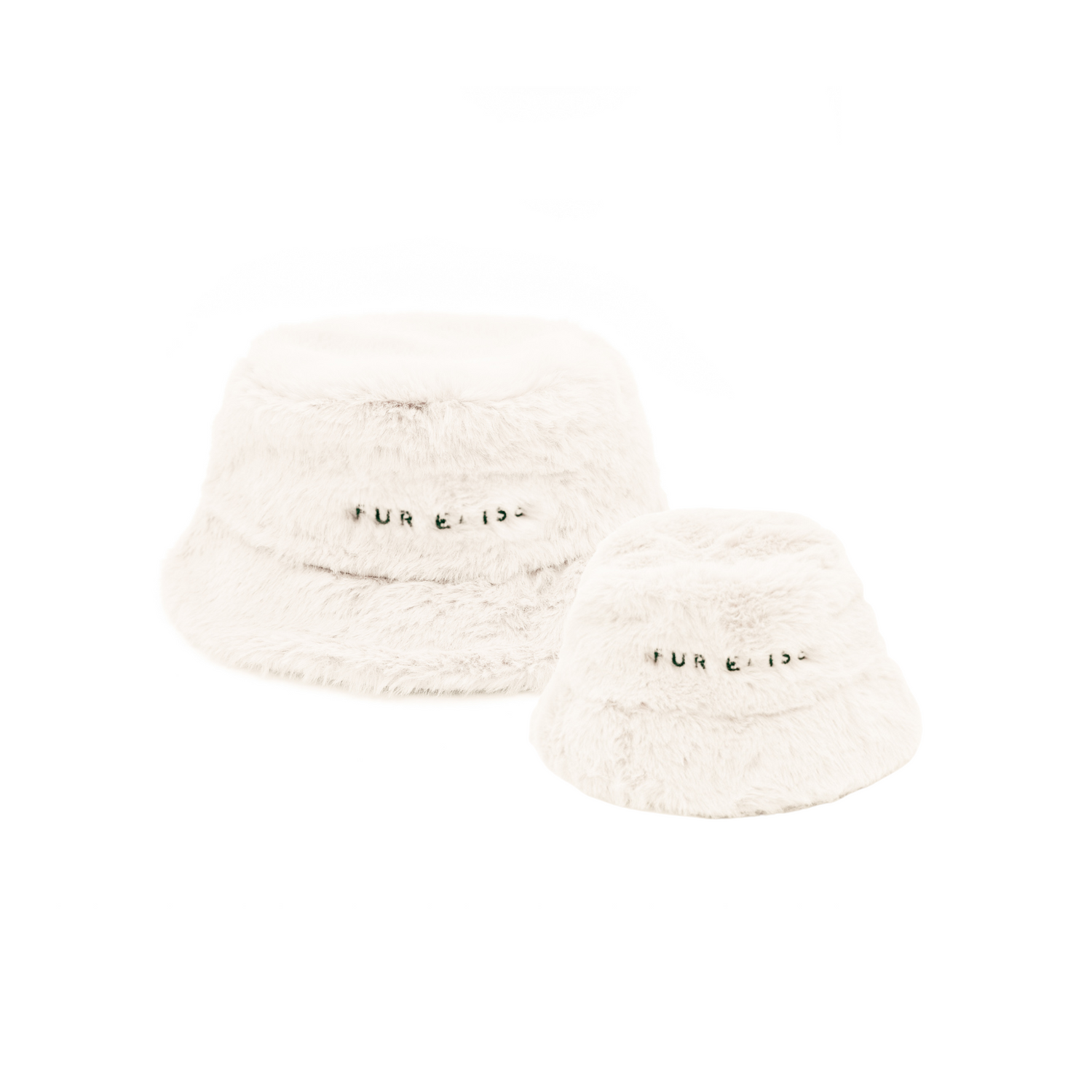 White fluffy bucket hat with &