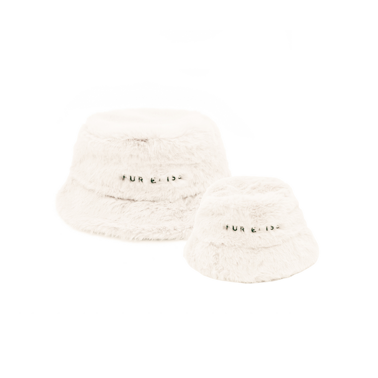 White fluffy bucket hat with &