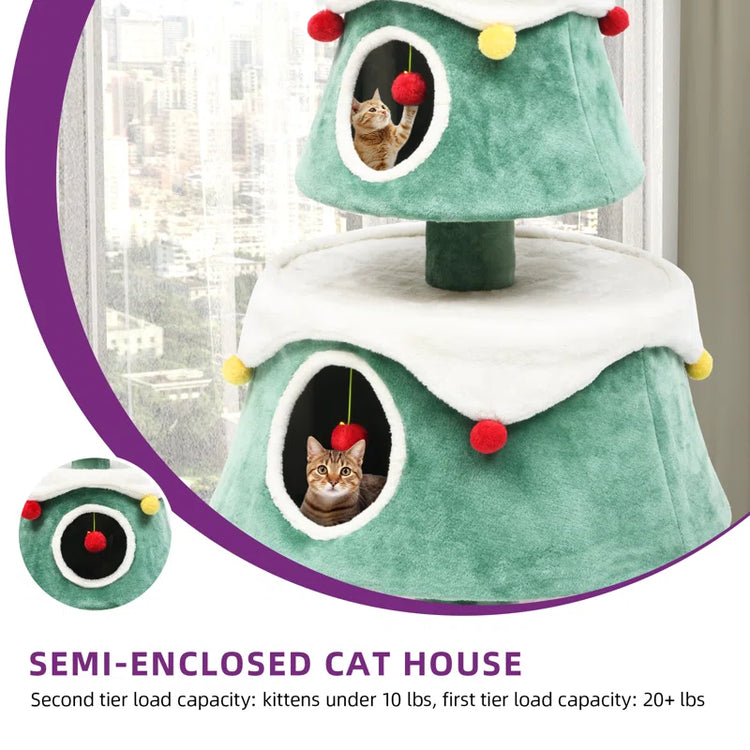 63" Christmas Cat Tower with 2 Semi-Enclosed Cat Houses, Indoor Cat Tree with Cat Condos, Cute Cat Tree with Plush Ball for 2 Cat