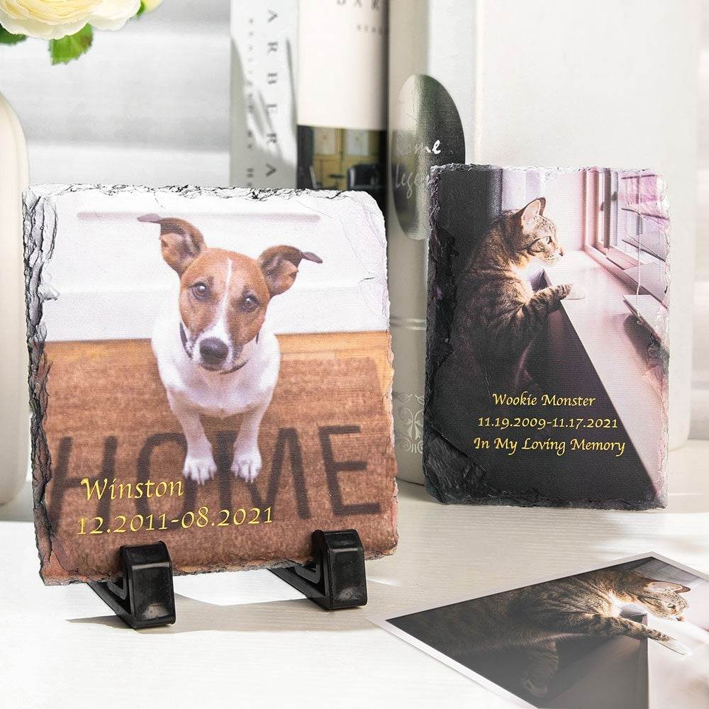 Custom Pet Memorial Photo Slate - Personalized Engraved Stone Keepsake with Stand - The Max & Rex Collection