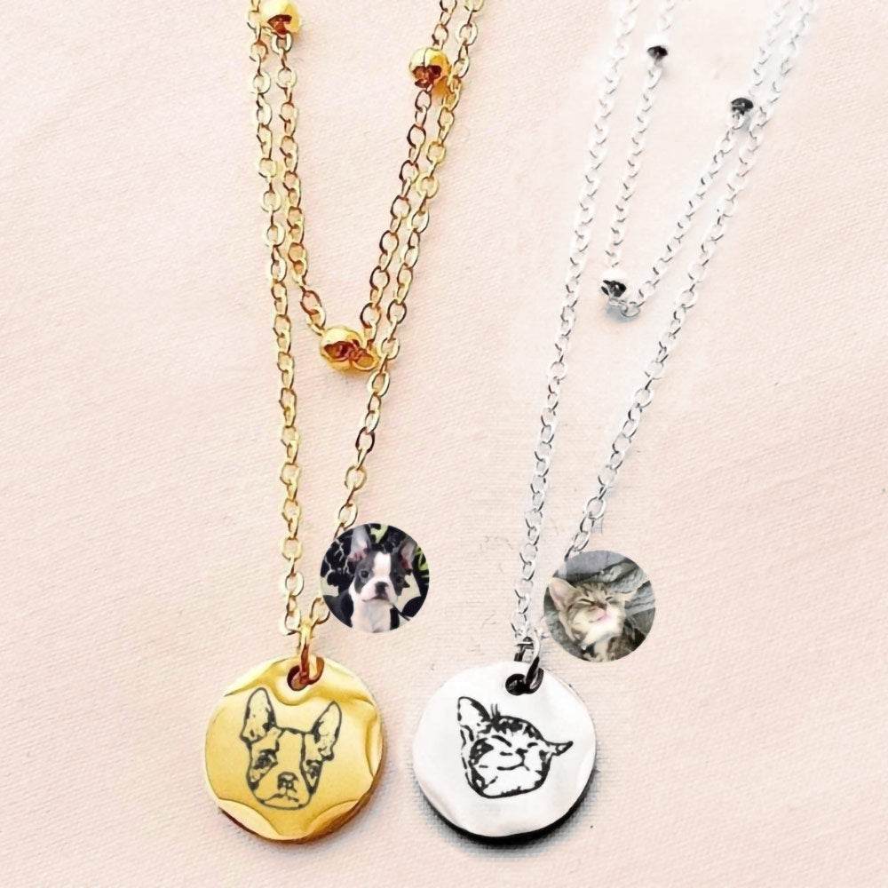 Custom Pet Portrait Layered Necklace - Multi-Strand Stainless Steel with Engraved Name - The Max & Rex Collection