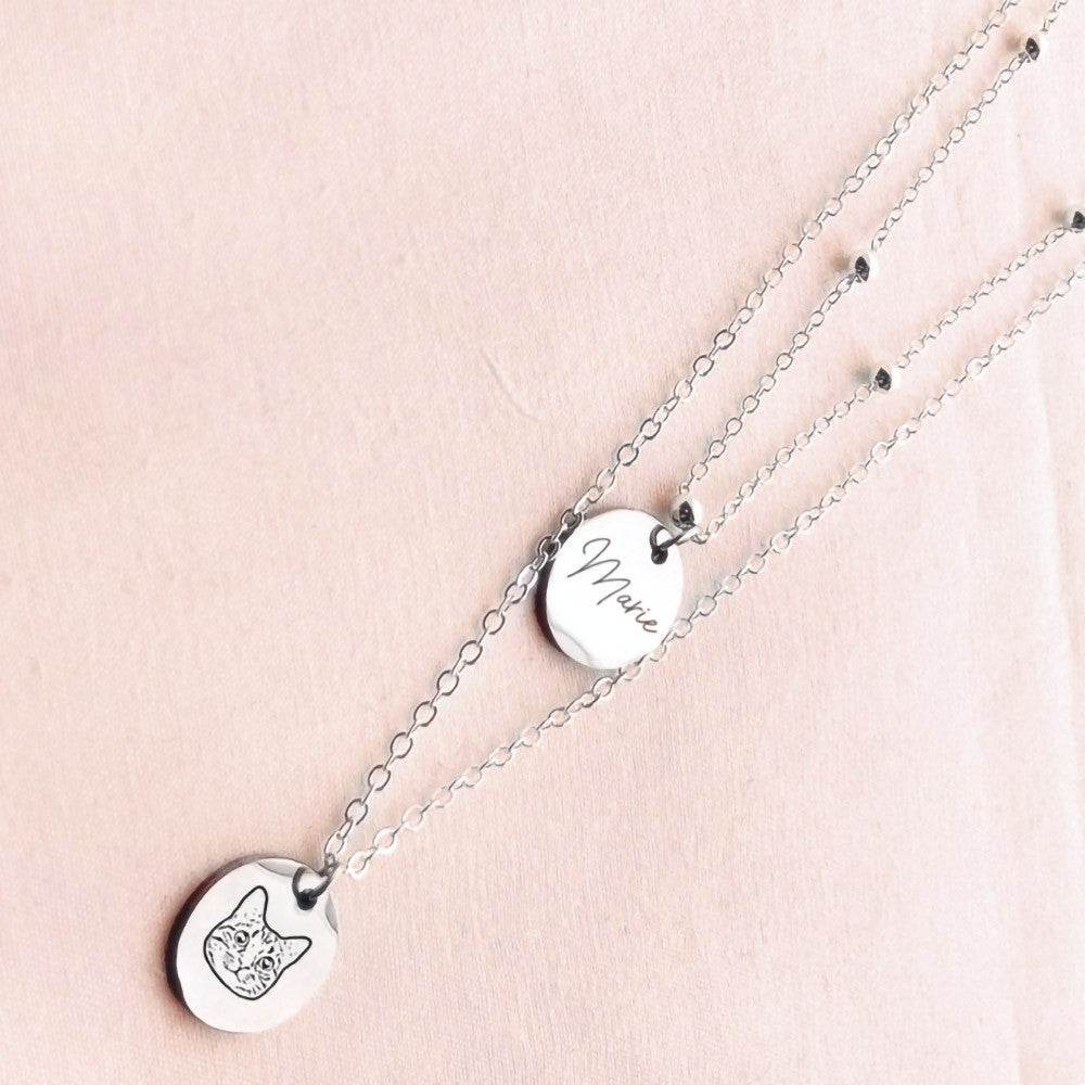 Custom Pet Portrait Layered Necklace - Multi-Strand Stainless Steel with Engraved Name - The Max & Rex Collection