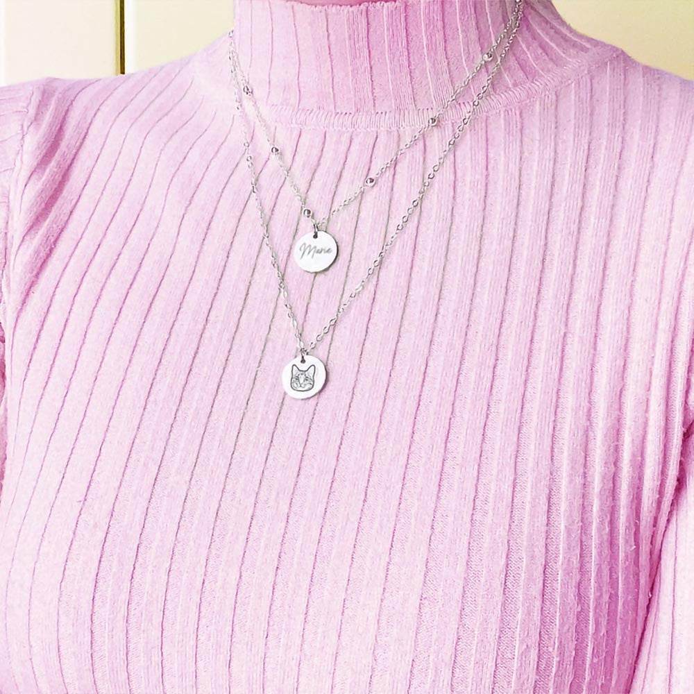 Custom Pet Portrait Layered Necklace - Multi-Strand Stainless Steel with Engraved Name - The Max & Rex Collection