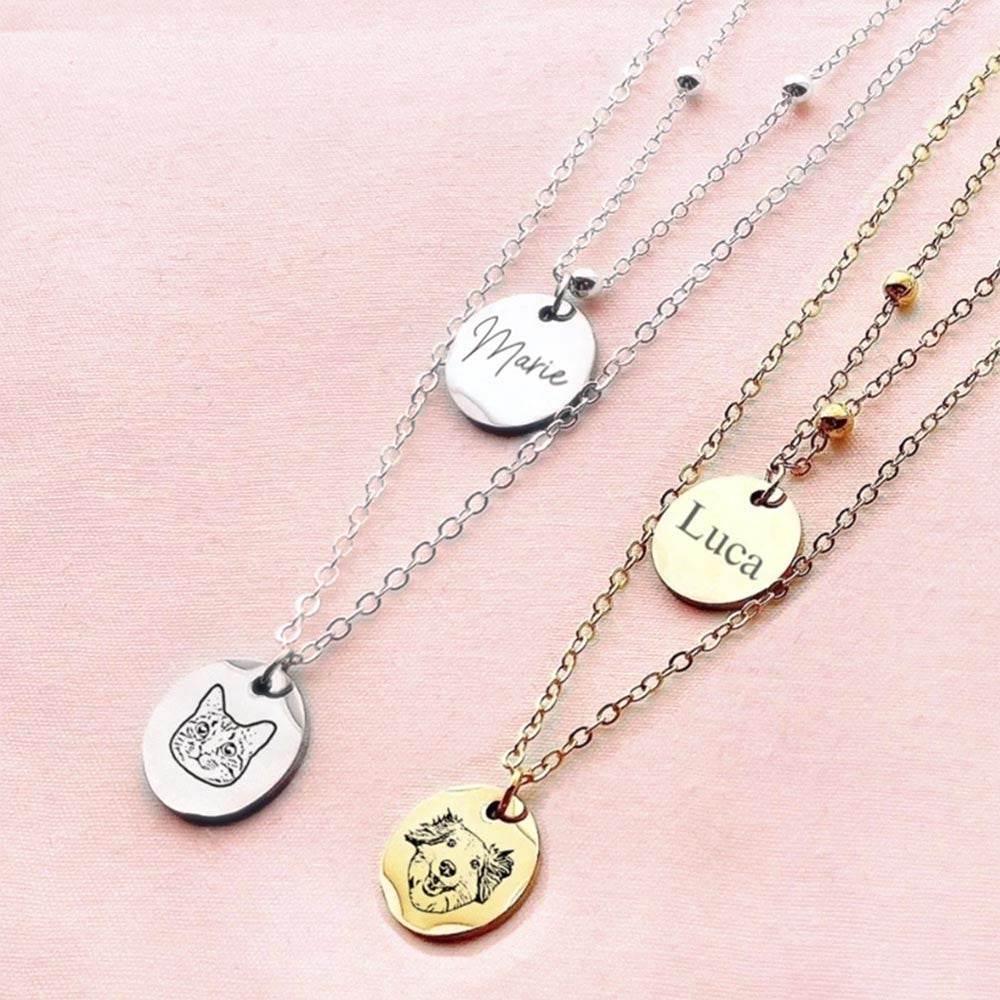 Custom Pet Portrait Layered Necklace - Multi-Strand Stainless Steel with Engraved Name - The Max & Rex Collection