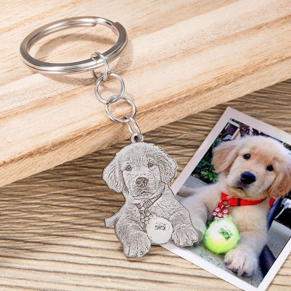 Custom Pet Photo Keychain - Engraved Sterling Silver with Personalized Message - The Max & Rex Collection