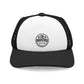 Black and white trucker hat with a logo on a white background