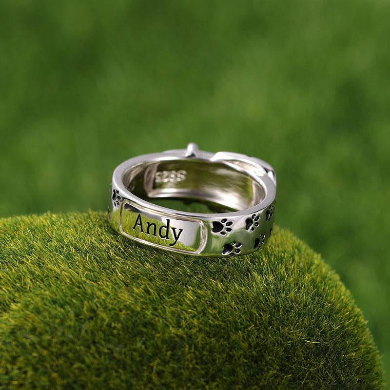 Personalized Pet Memorial Ring - Sterling Silver Collar Band with Paw Print Engraving - The Max & Rex Collection