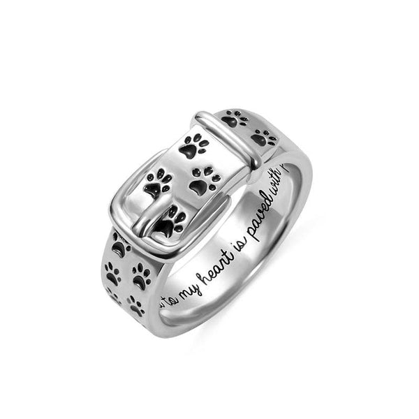 Personalized Pet Memorial Ring - Sterling Silver Collar Band with Paw Print Engraving - The Max & Rex Collection