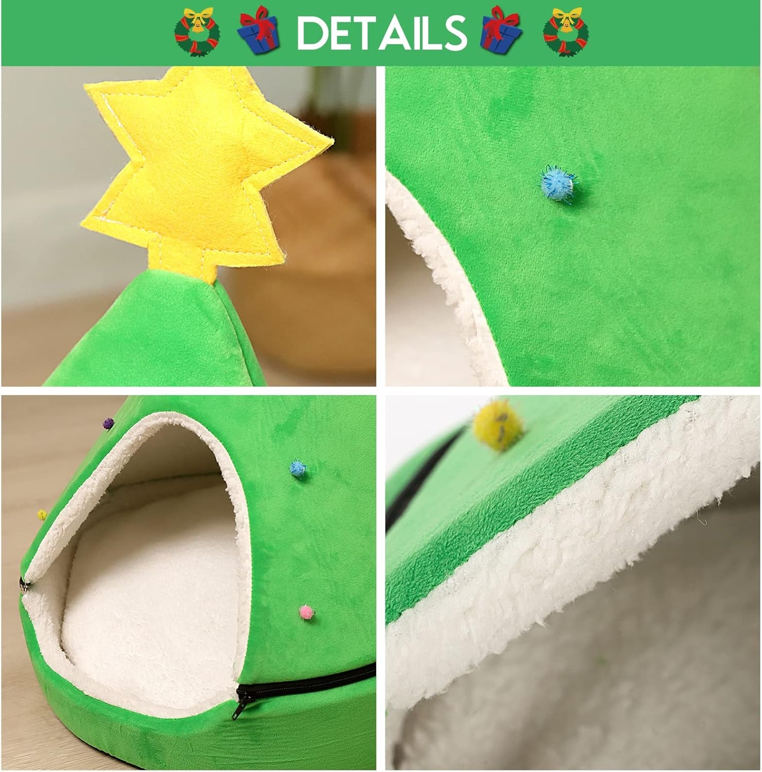 NIBESSER Cat Bed Christmas Tree Cat Tent House Self-Warming 2 in 1 Removable Comfortable Triangle Pet Teepee Xmas Dog Cave in Winter (Green)