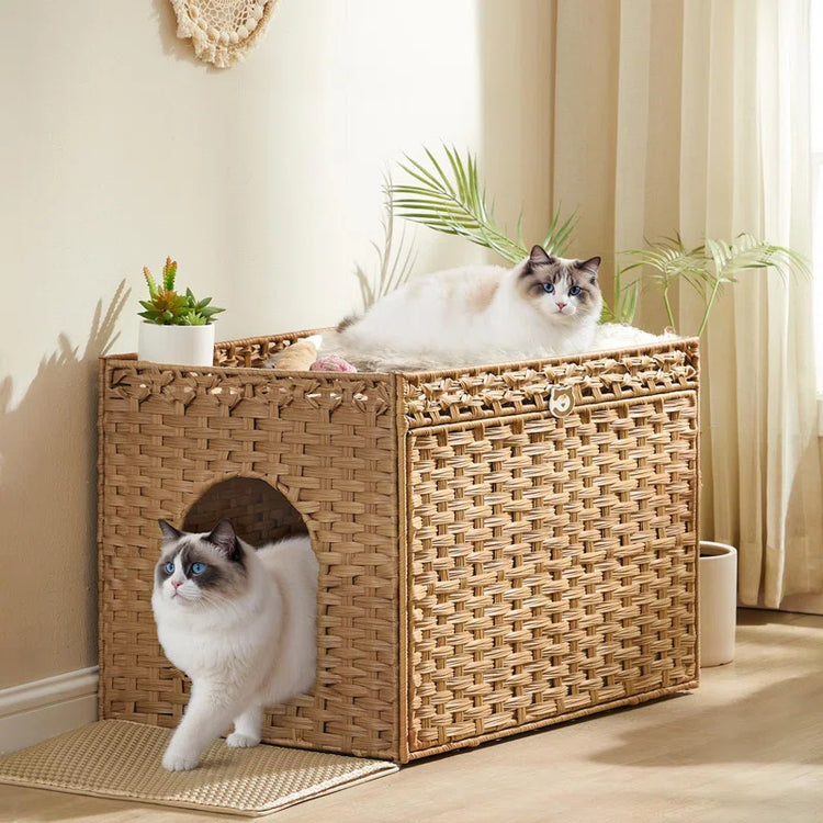 Boho Handwoven Rattan Hidden Litter Box Furniture， with Extra Litter Mat and Removable Washable Tray