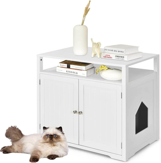 PETSITE Litter Box Enclosure, Cat Litter Box Furniture Hidden with Shelf for Large Cats, Modern Wood Pet Crate Cat Washroom Cabinet End Table, White - The Max & Rex Collection