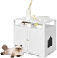 White pet furniture with a cat lying on the floor next to it