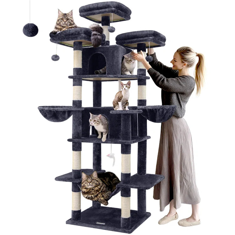 CT81F Big Cat Tower for Indoor Cats, XXL Cat Tree with Scratching Post, Hammock, Perches, Condos, and Hanging Baskets for Multiple Adult Cats