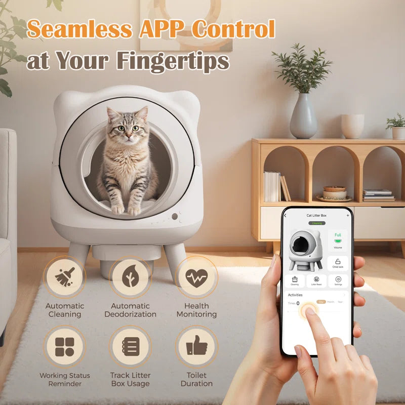 Cute Cat-Ear Self-Cleaning Automatic Cat Litter Box with Smart Sensors - App Control, Health Monitoring