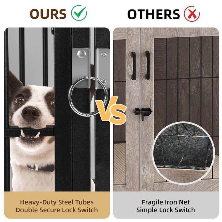 Comparison of a dog door with heavy-duty steel tubes and fragile iron net designs.
