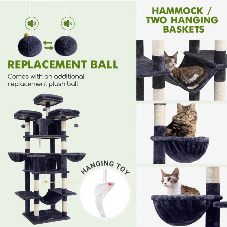 CT81F Big Cat Tower for Indoor Cats, XXL Cat Tree with Scratching Post, Hammock, Perches, Condos, and Hanging Baskets for Multiple Adult Cats