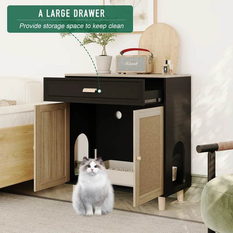 Cat Litter Box Enclosure Wood Cat Crate Furniture with Scratching Pad Doors - The Max & Rex Collection