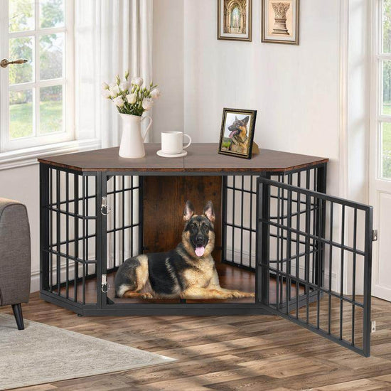 Large Wooden Corner Dog Crate Furniture with Tabletop - The Max & Rex Collection