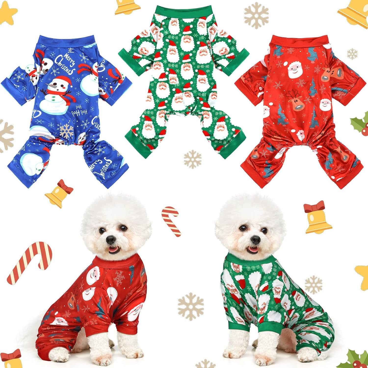 3 Pieces Christmas Dog Pajamas Dog Jumpsuit Santa Snowman Pet Clothes Christmas Pet Pajamas Holiday Costume Jumpsuit for Puppy Cat(Snowman Pattern,M (Fit 5.5-7.7Lbs))