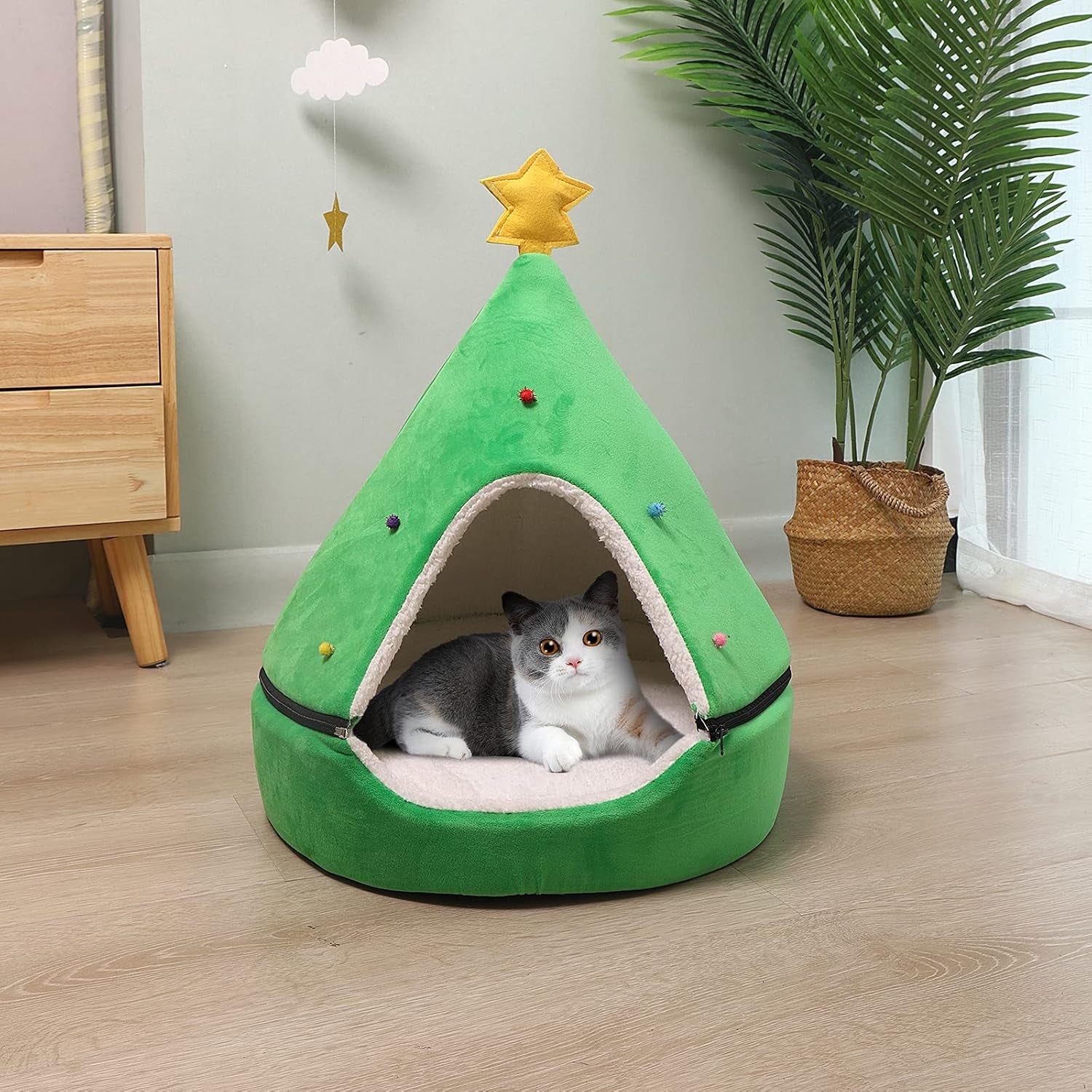 NIBESSER Cat Bed Christmas Tree Cat Tent House Self-Warming 2 in 1 Removable Comfortable Triangle Pet Teepee Xmas Dog Cave in Winter (Green)