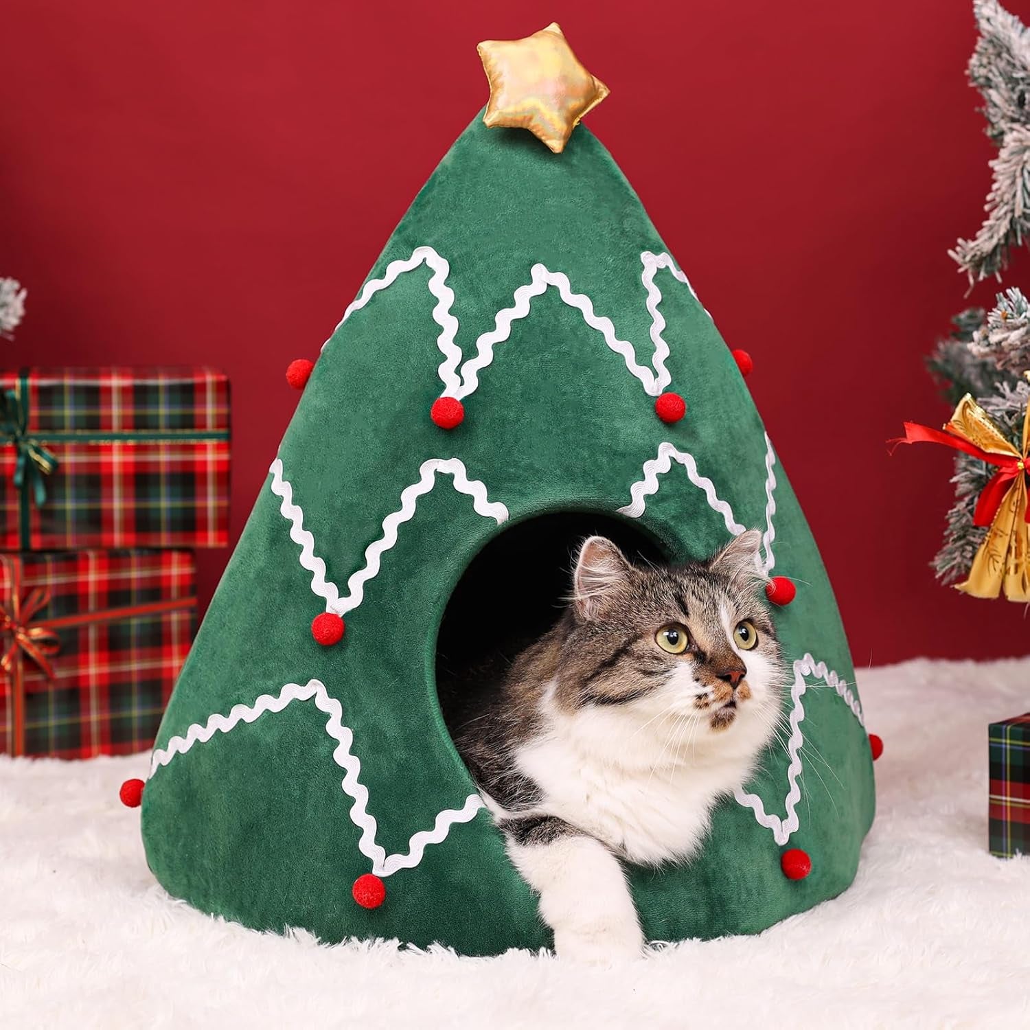 NIBESSER Cat Bed Christmas Tree Cat Tent House Self-Warming 2 in 1 Removable Comfortable Triangle Pet Teepee Xmas Dog Cave in Winter (Green)