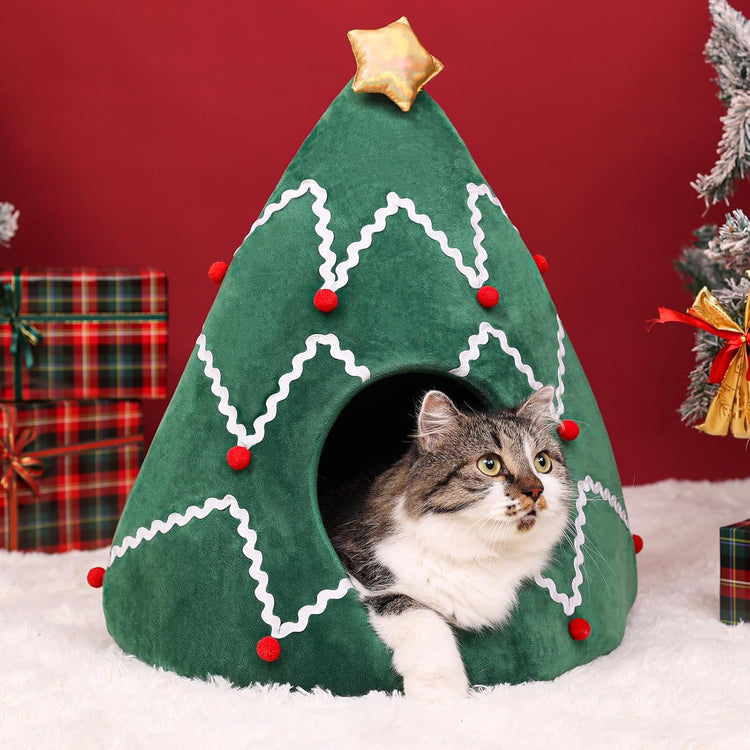 NIBESSER Cat Bed Christmas Tree Cat Tent House Self-Warming 2 in 1 Removable Comfortable Triangle Pet Teepee Xmas Dog Cave in Winter (Green)