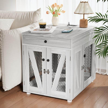 Furniture-Style Wooden Dog Crate End Table with USB Charging, Storage Drawer & Double Latch – For Medium Dogs up to 40 lbs - The Max & Rex Collection