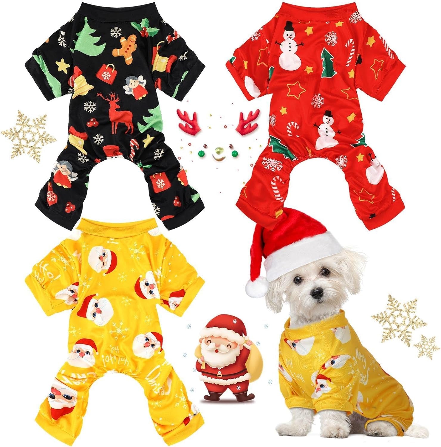 3 Pieces Christmas Dog Pajamas Dog Jumpsuit Santa Snowman Pet Clothes Christmas Pet Pajamas Holiday Costume Jumpsuit for Puppy Cat(Snowman Pattern,M (Fit 5.5-7.7Lbs))