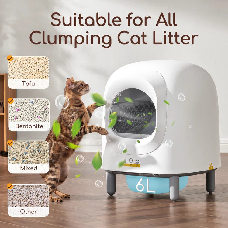 Self Cleaning Cat Litter Box, App Control, Safety Protection, Automatic Smart Robot Litter Box for Multiple Cats, with Garbage Bags&Plastic Air Filter, Black& White
