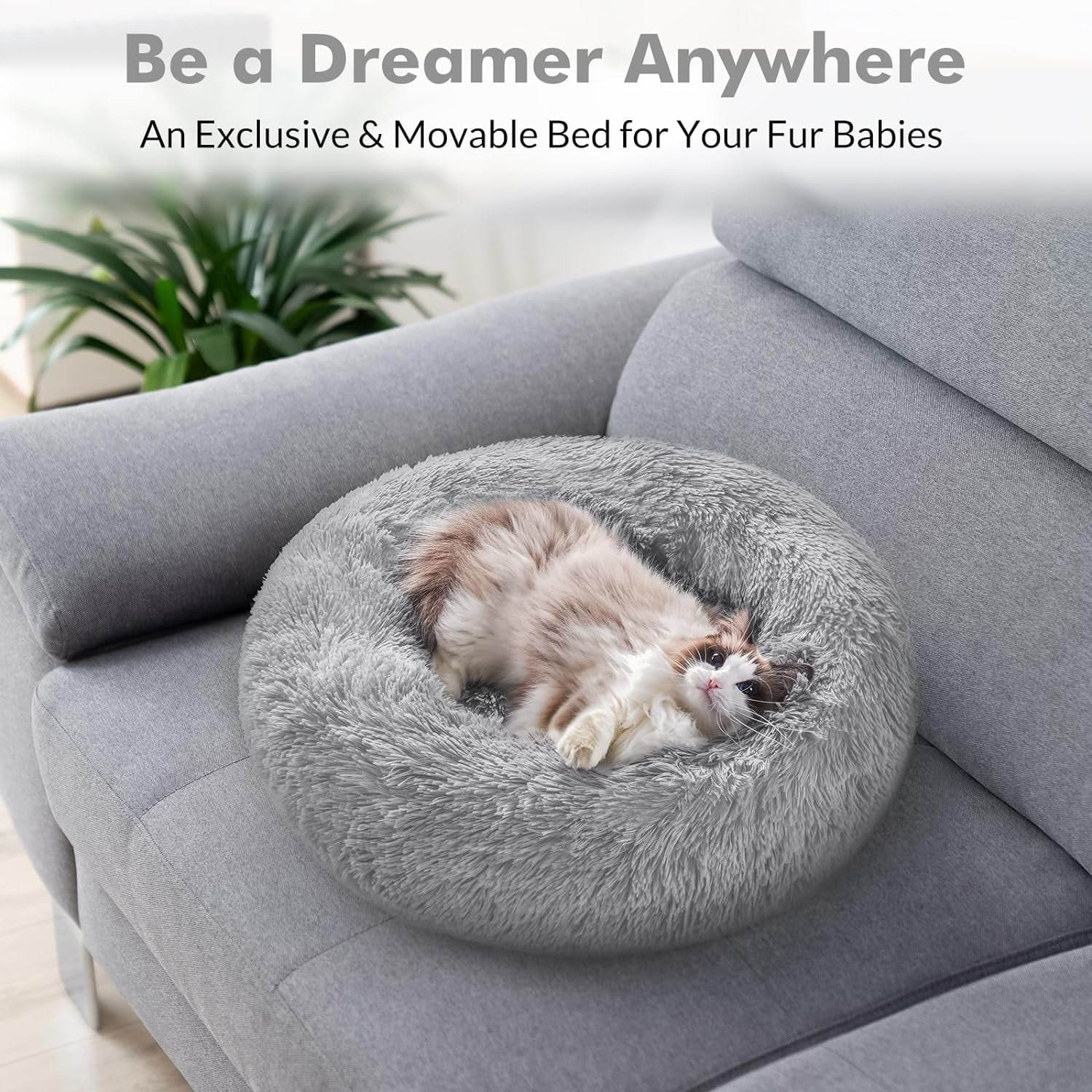 Cat Bed for Indoor Cats, Fluffy round Self Warming Calming Soft Plush Donut Cuddler Cushion Pet Bed for Small Dogs Kittens, 20 Inches - The Max & Rex Collection