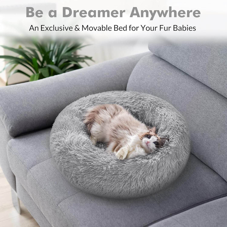Cat Bed for Indoor Cats, Fluffy round Self Warming Calming Soft Plush Donut Cuddler Cushion Pet Bed for Small Dogs Kittens, 20 Inches - The Max & Rex Collection